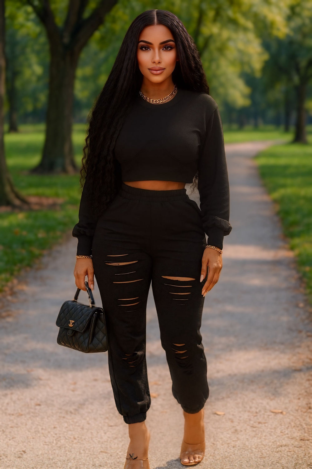 Distressed Jogger Set Black