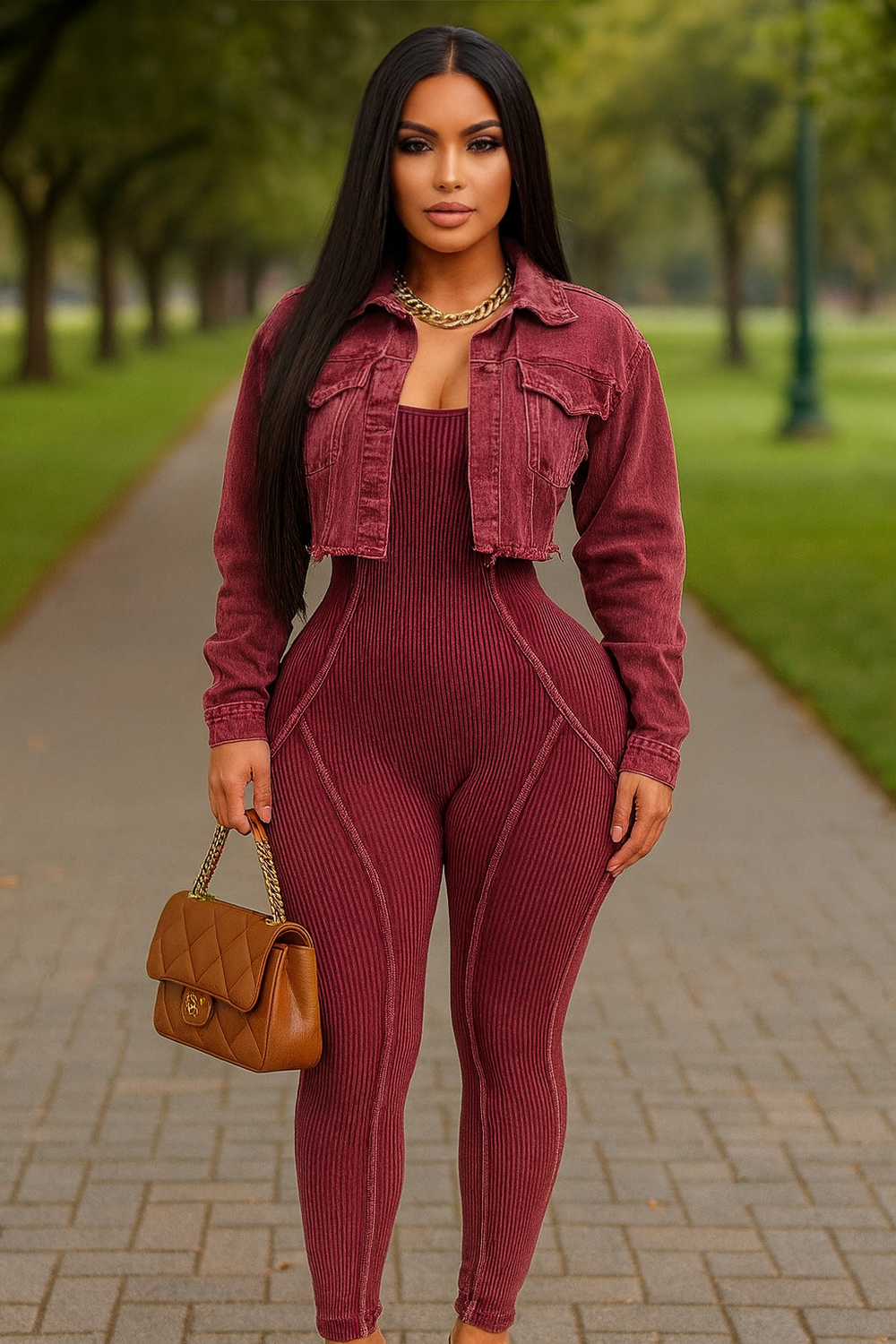 Ribbed Jacket Jumpsuit Set Wine