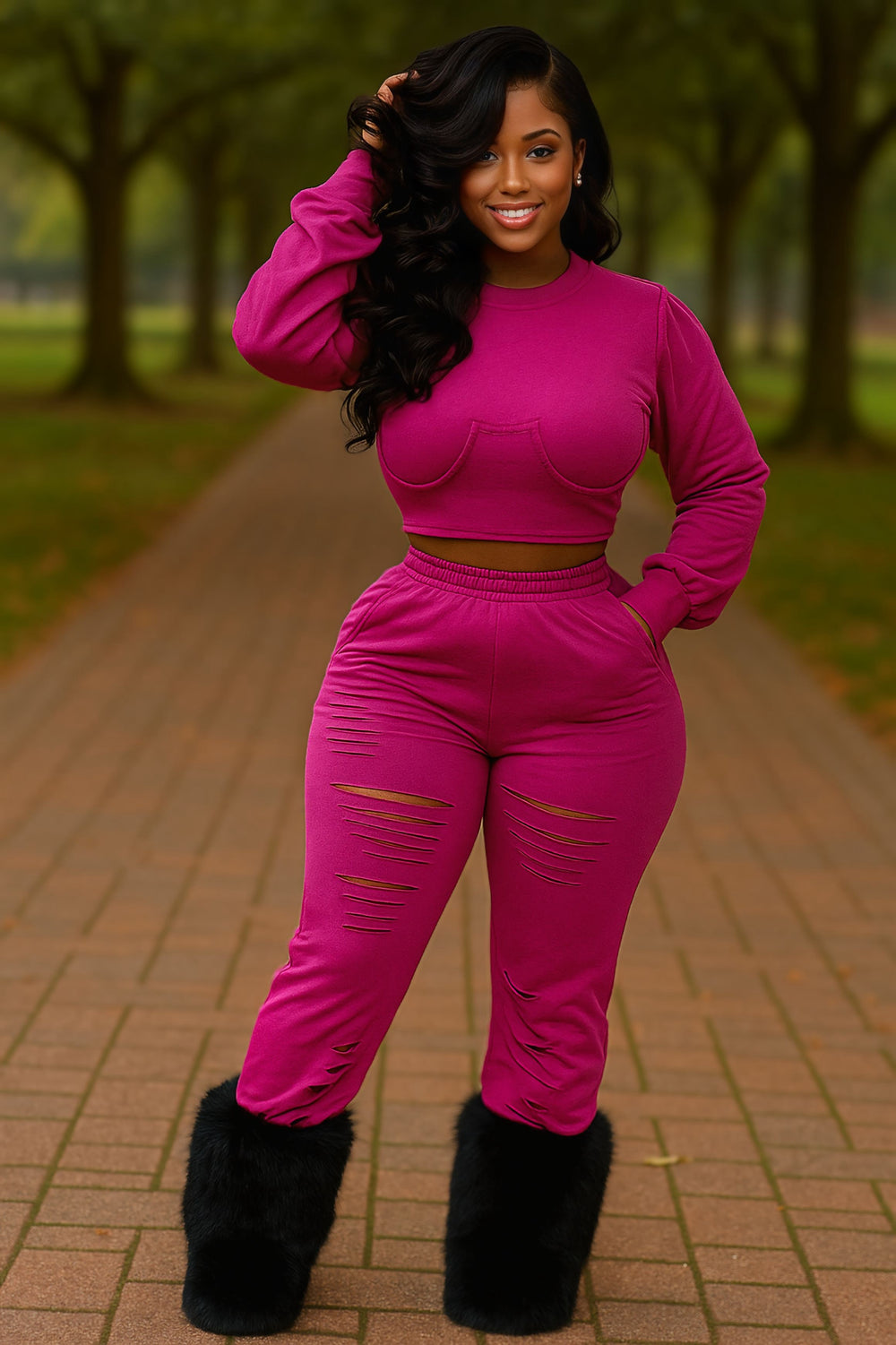 Distressed Jogger Set Fuchsia