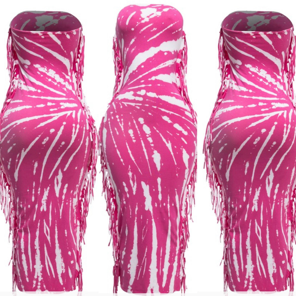 Bleached Fringe Midi Dress Pink