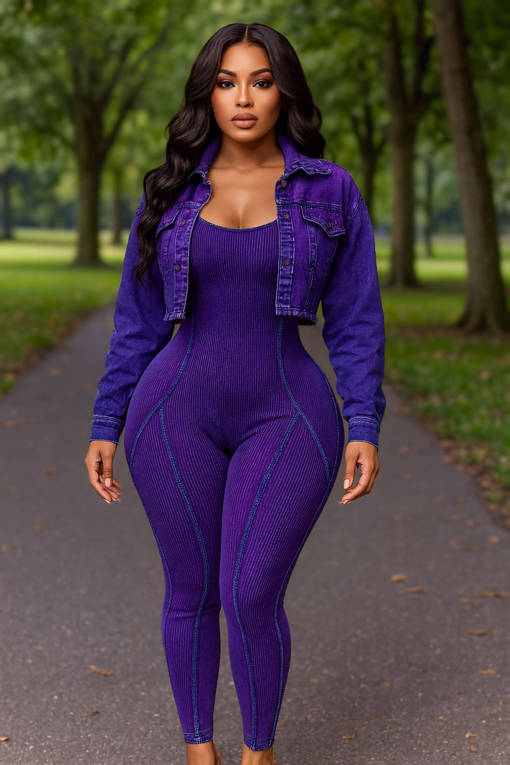 Ribbed Jacket Jumpsuit Set Purple