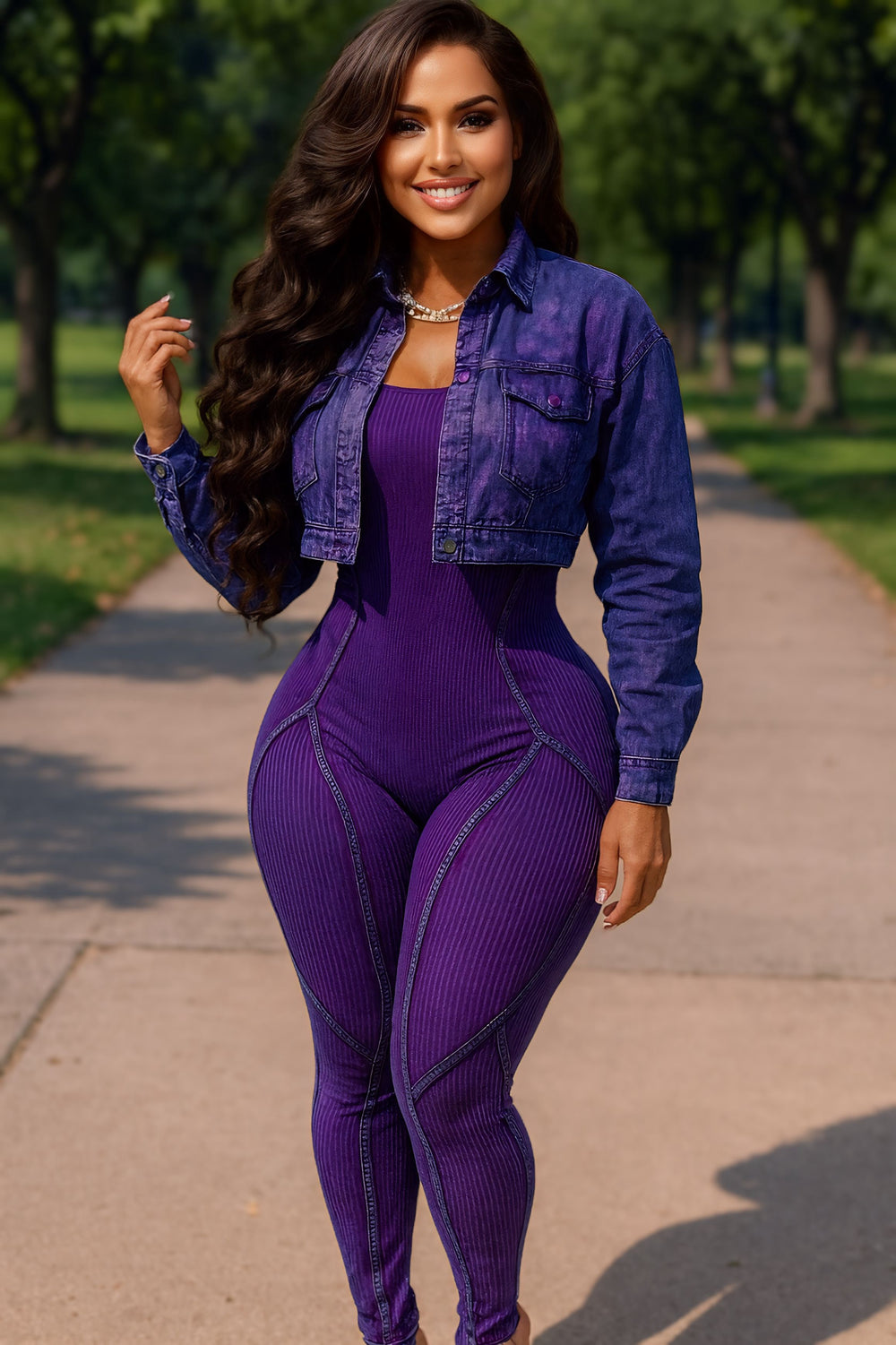 Ribbed Jacket Jumpsuit Set Purple