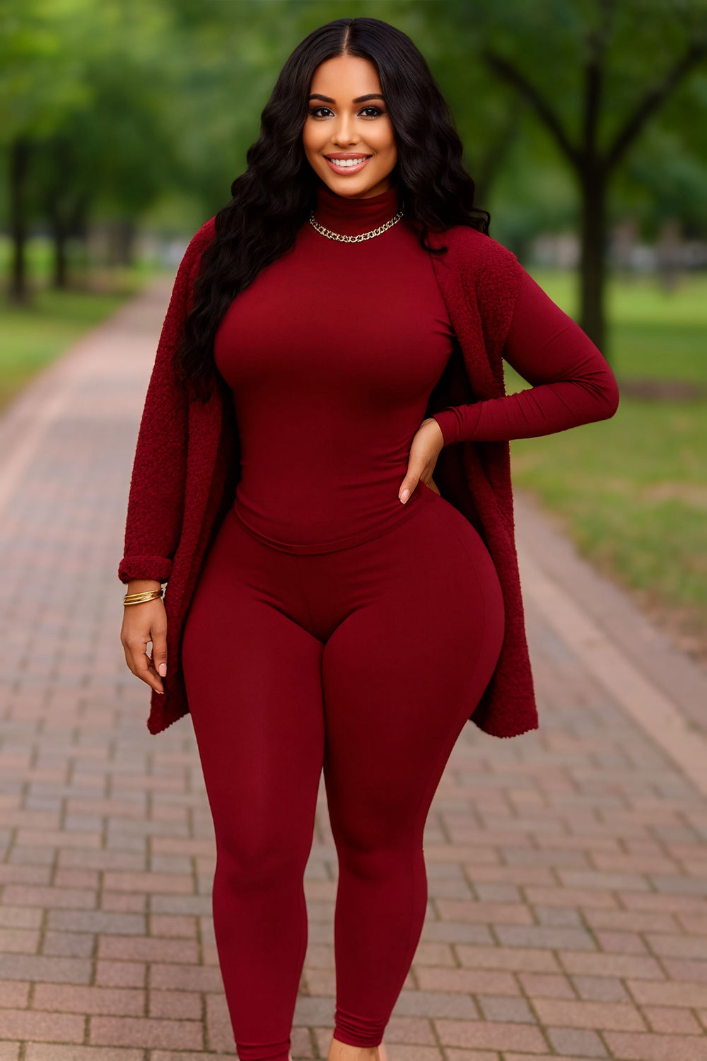 3pc Cardigan Set Wine