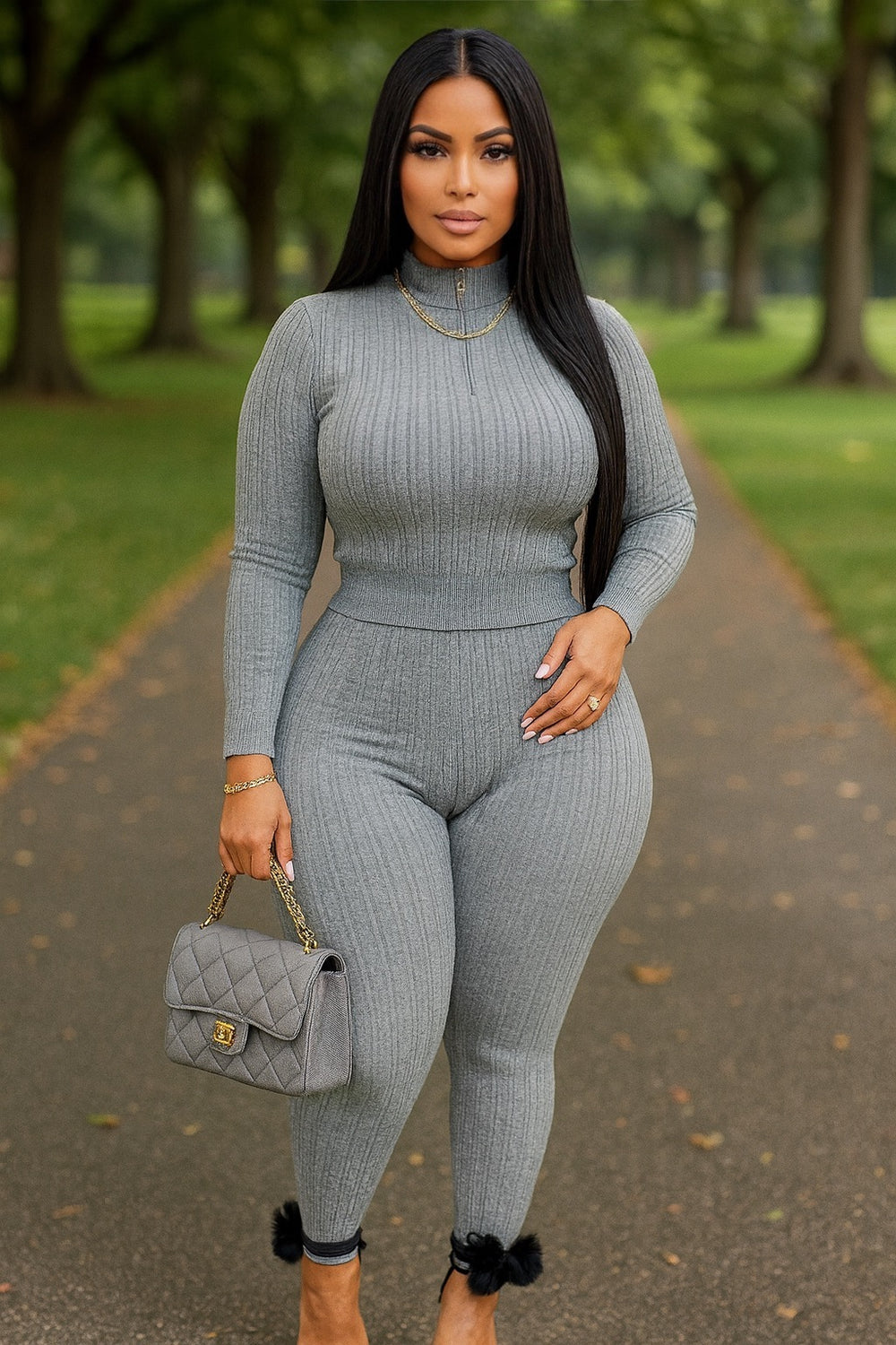 Knit Ribbed Set Gray