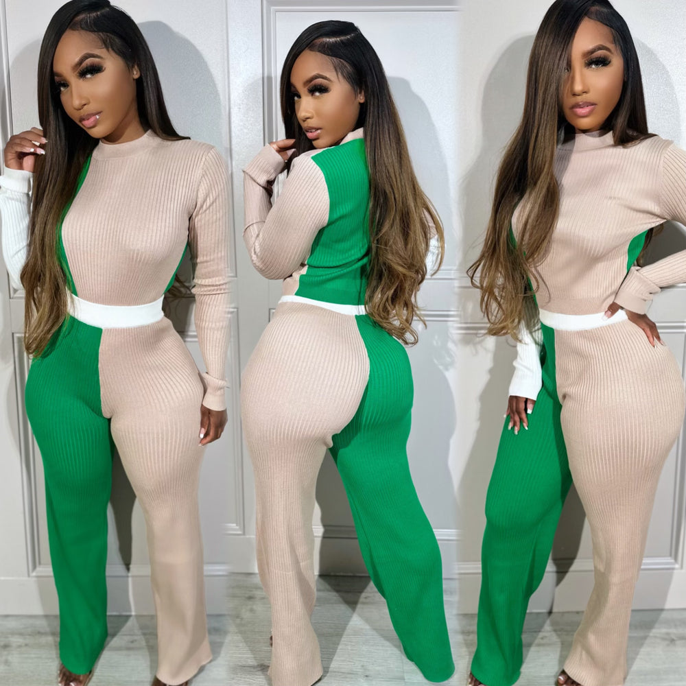 Color Block Ribbed Set Cream