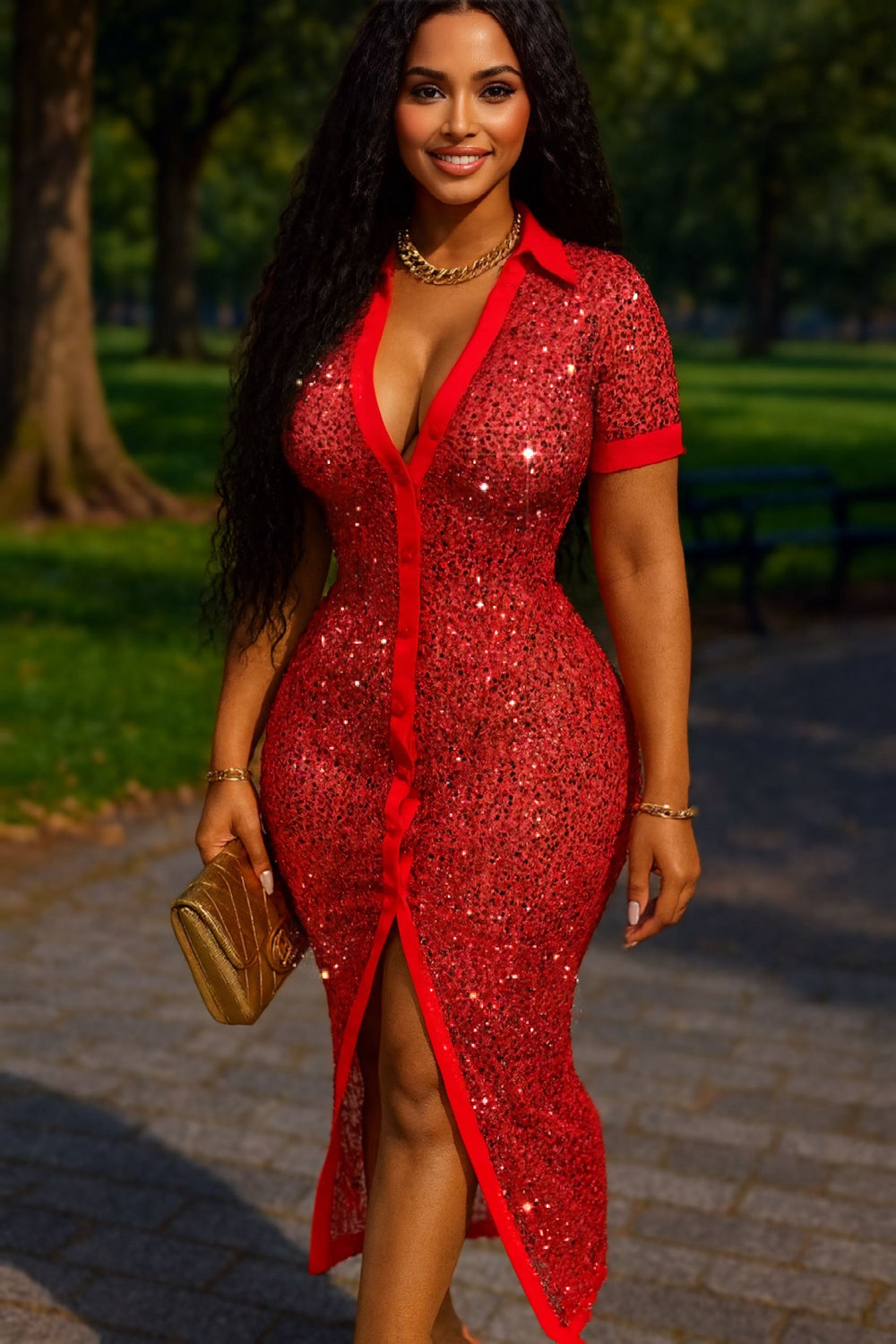 Sequin Shirt Dress Red