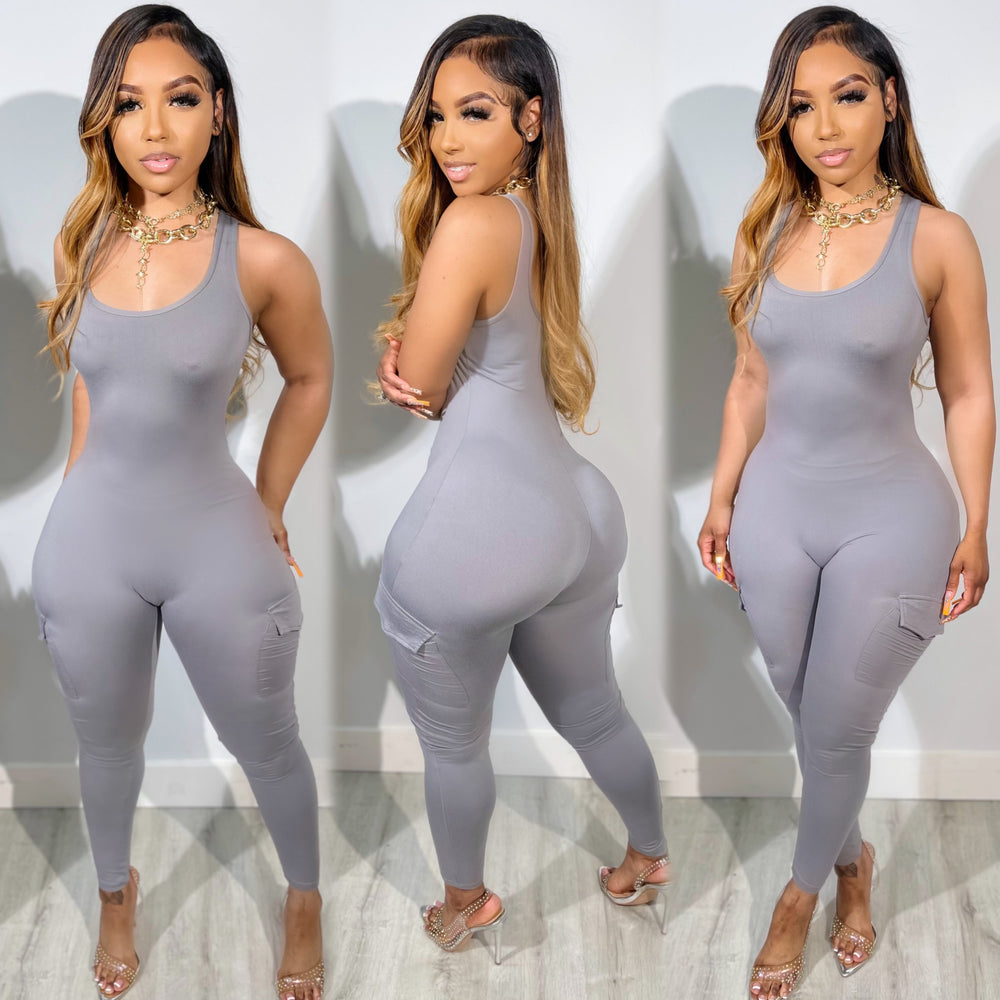 Solid Cargo Jumpsuit Grey