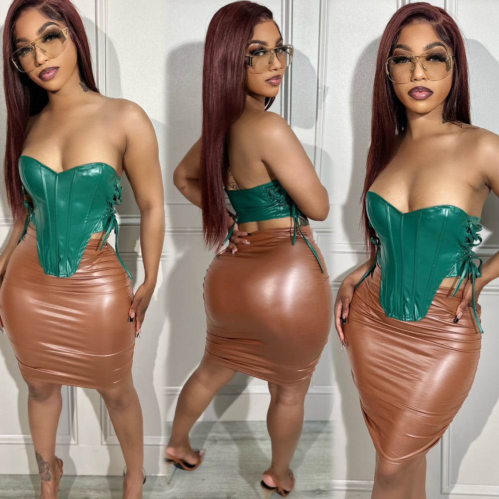 Ruched Leather Skirt Almond