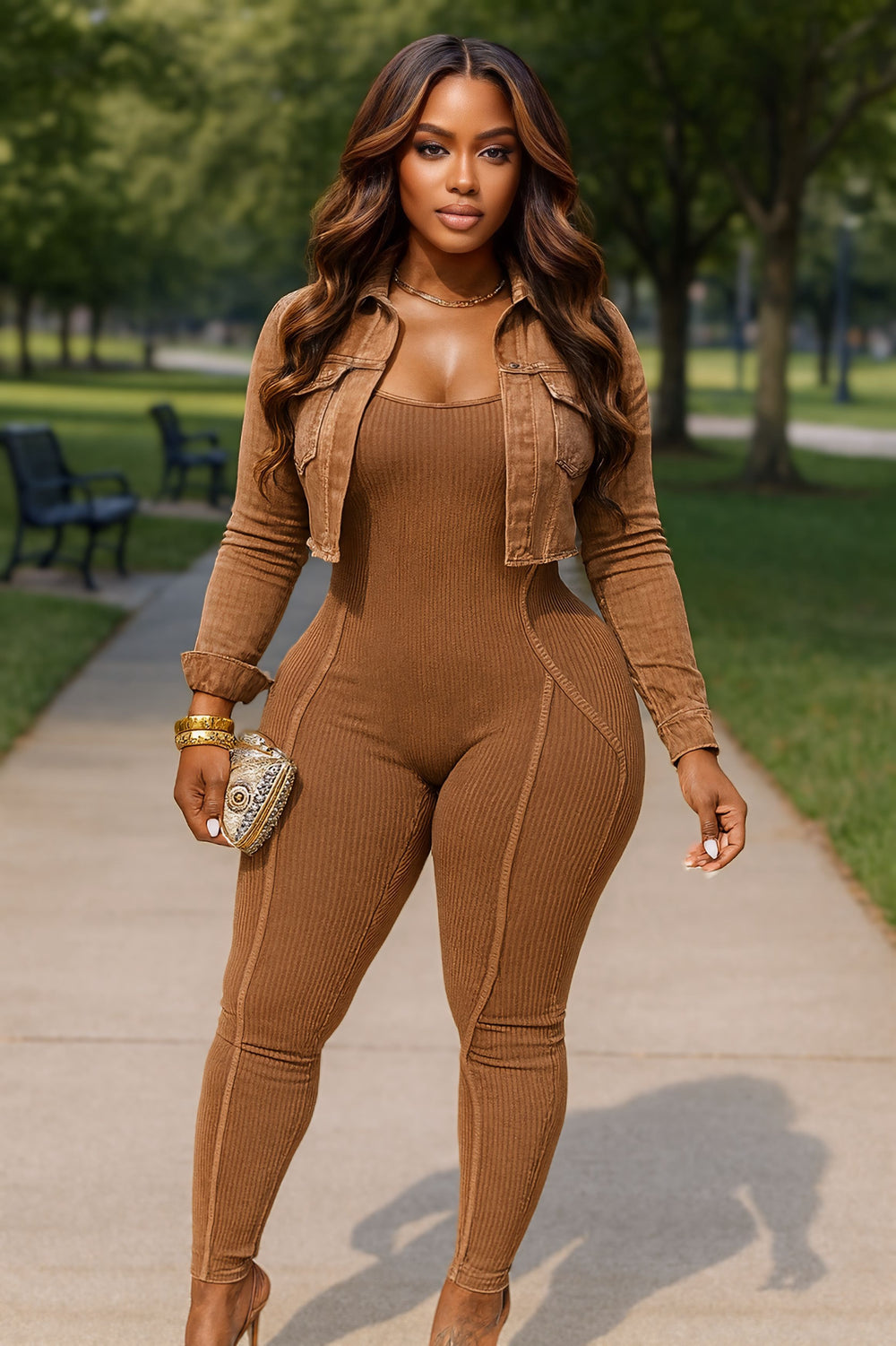 Ribbed Jacket Jumpsuit Set Brown