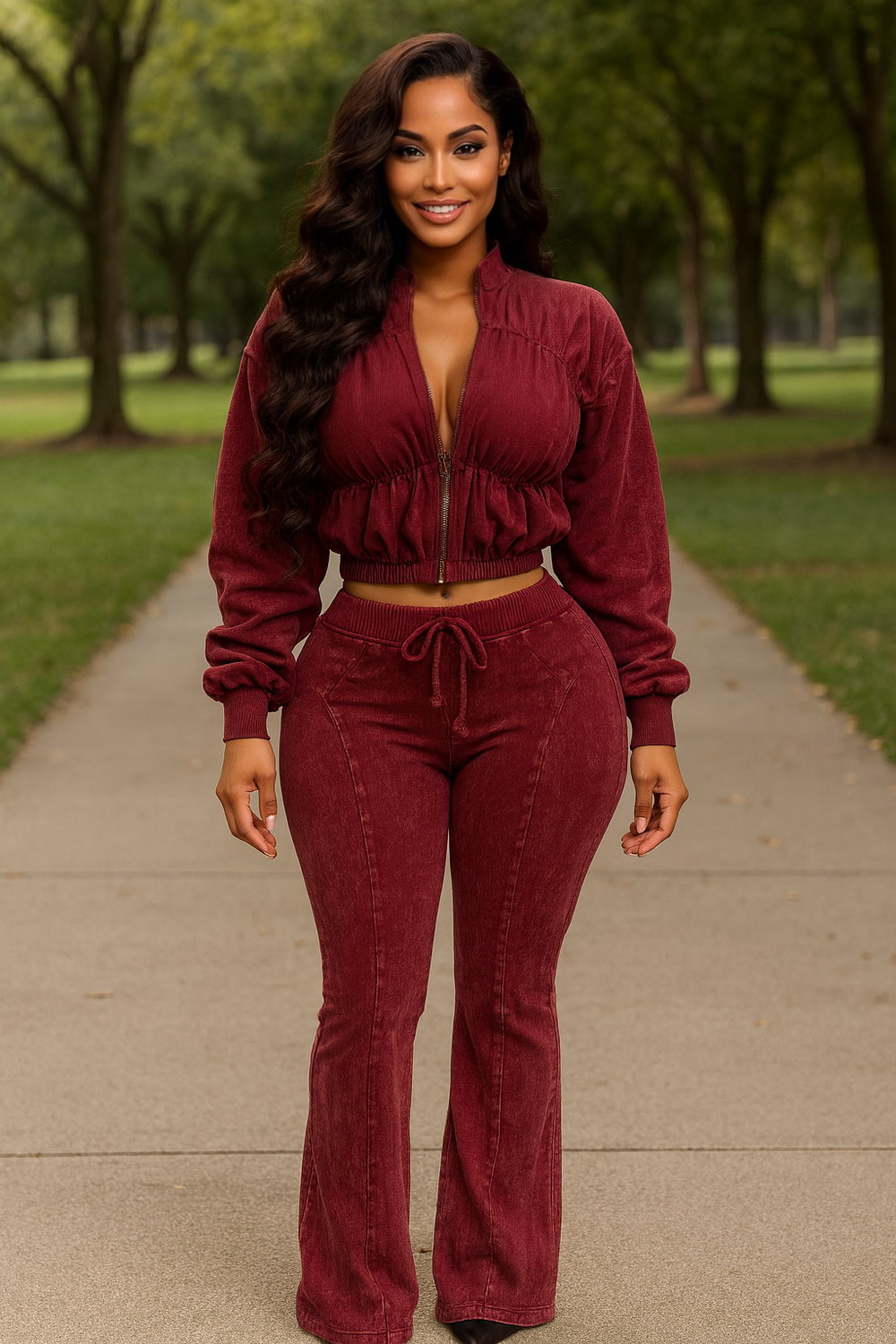 Ruched Jacket Set Wine