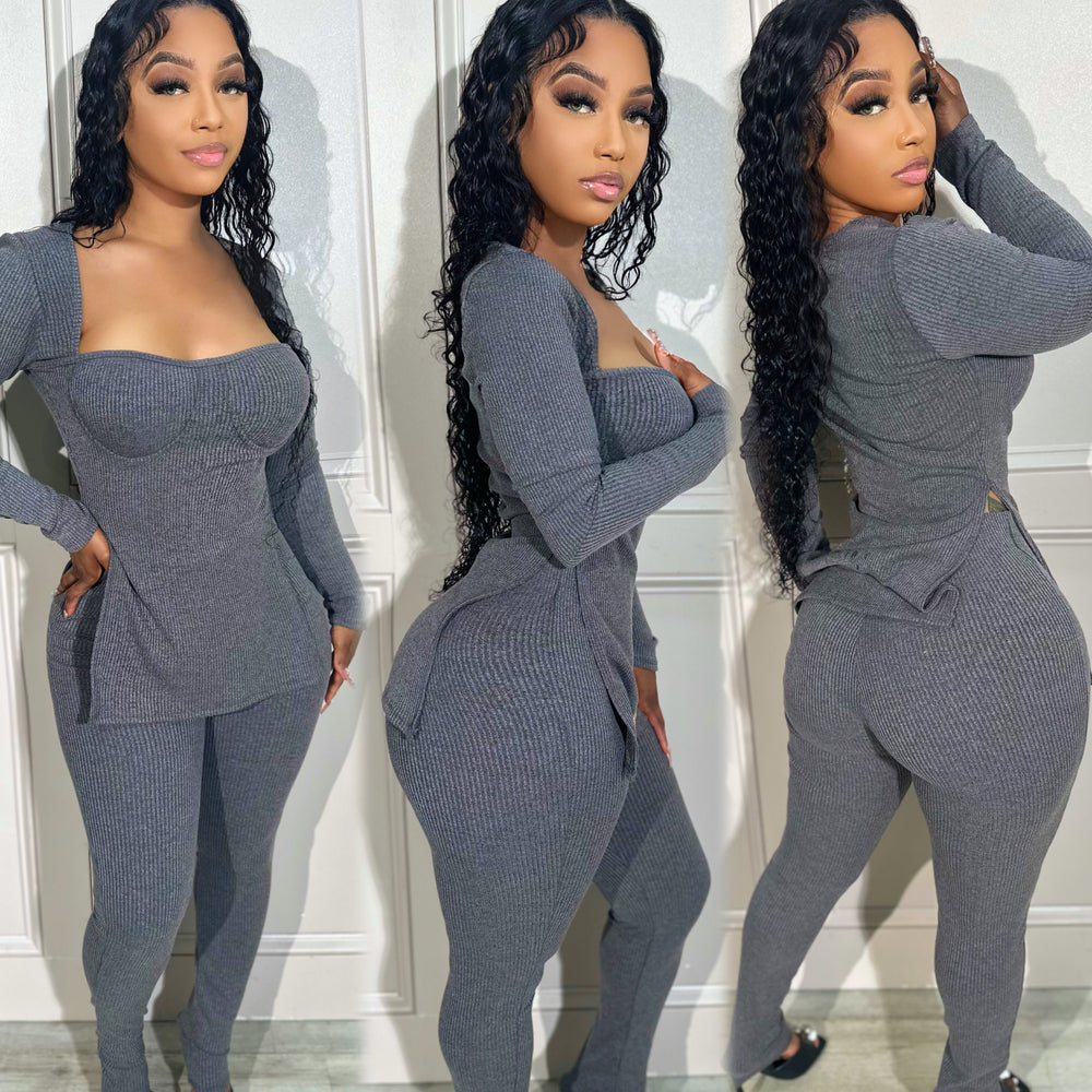 Sweetheart Ribbed Set Grey