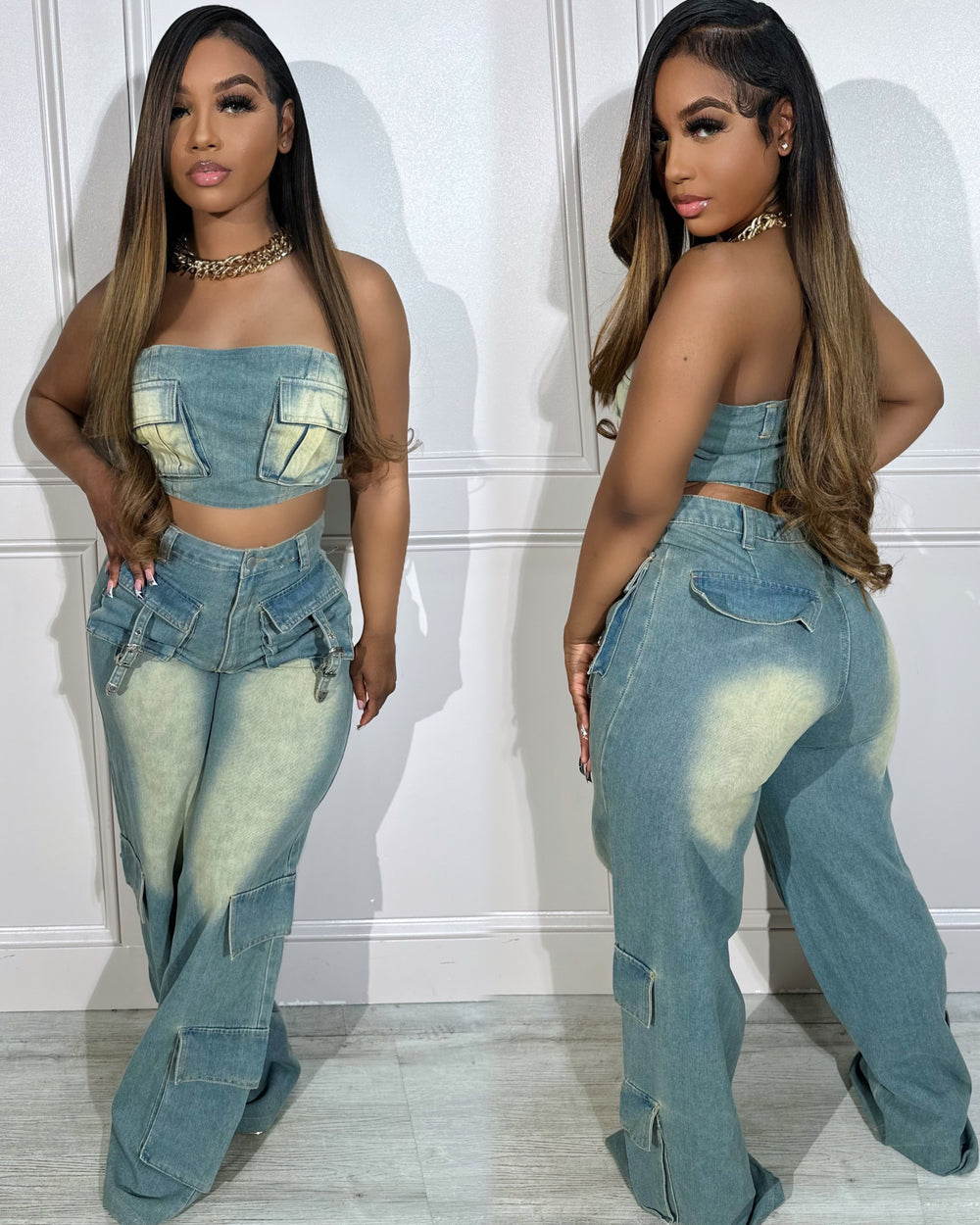 Toned Denim Cargo Set