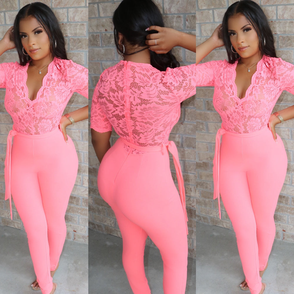 Neon Peach Lace Jumpsuit