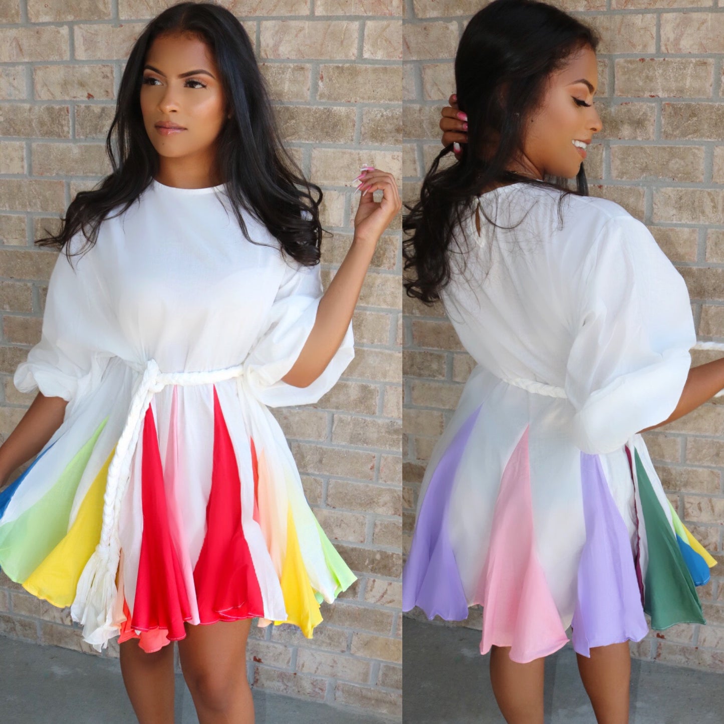 white dress with rainbow pleats Women's Colorful Stripe Midi Dress- White Midi Dress With Rainbow Piping Large