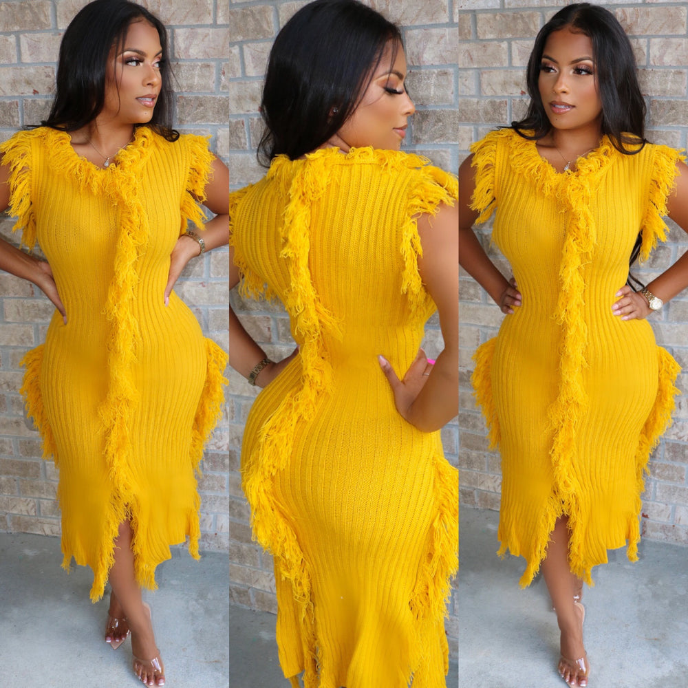 Fabulous Fringe Sweater Dress Mustard