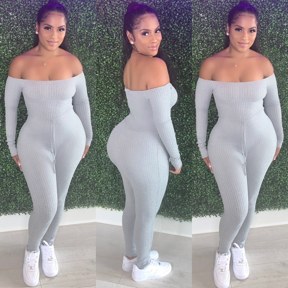 Ribbed Off Shoulder Jumpsuit Grey