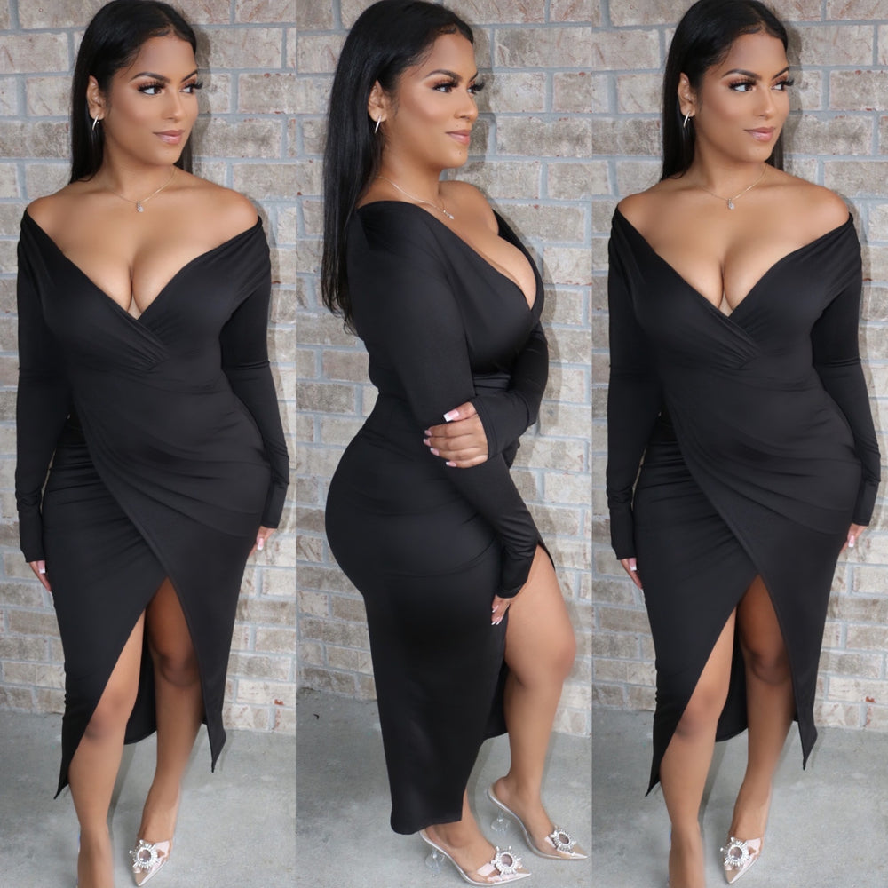 Satin Split Midi Black