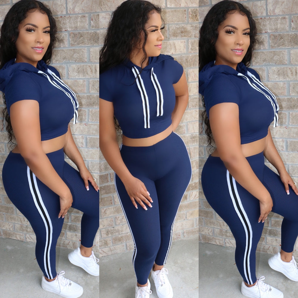 Ribbed Hoodie Set Navy