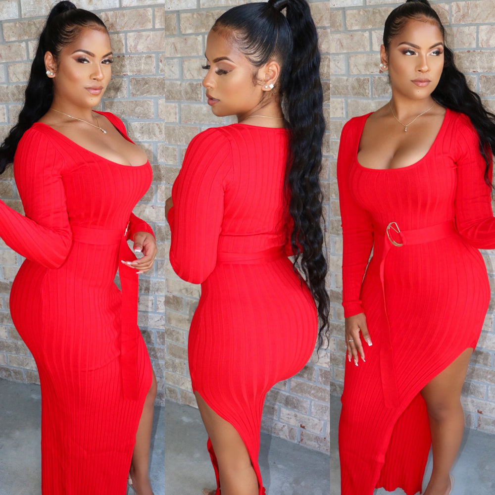Belted Split Dress Cherry Red