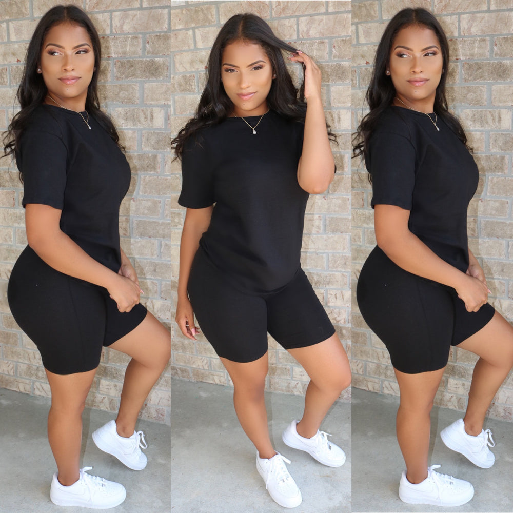Crew Neck Biker Set Black